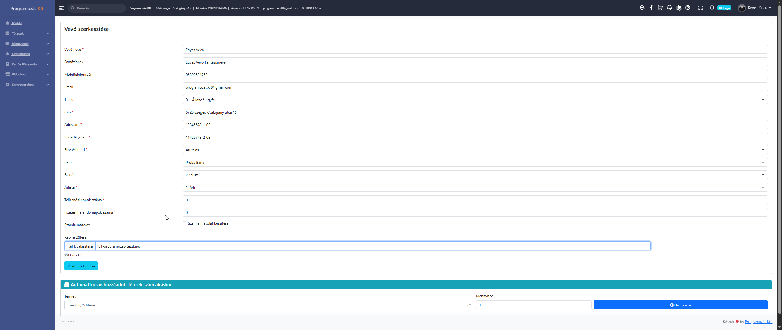 Új vevő felvétele