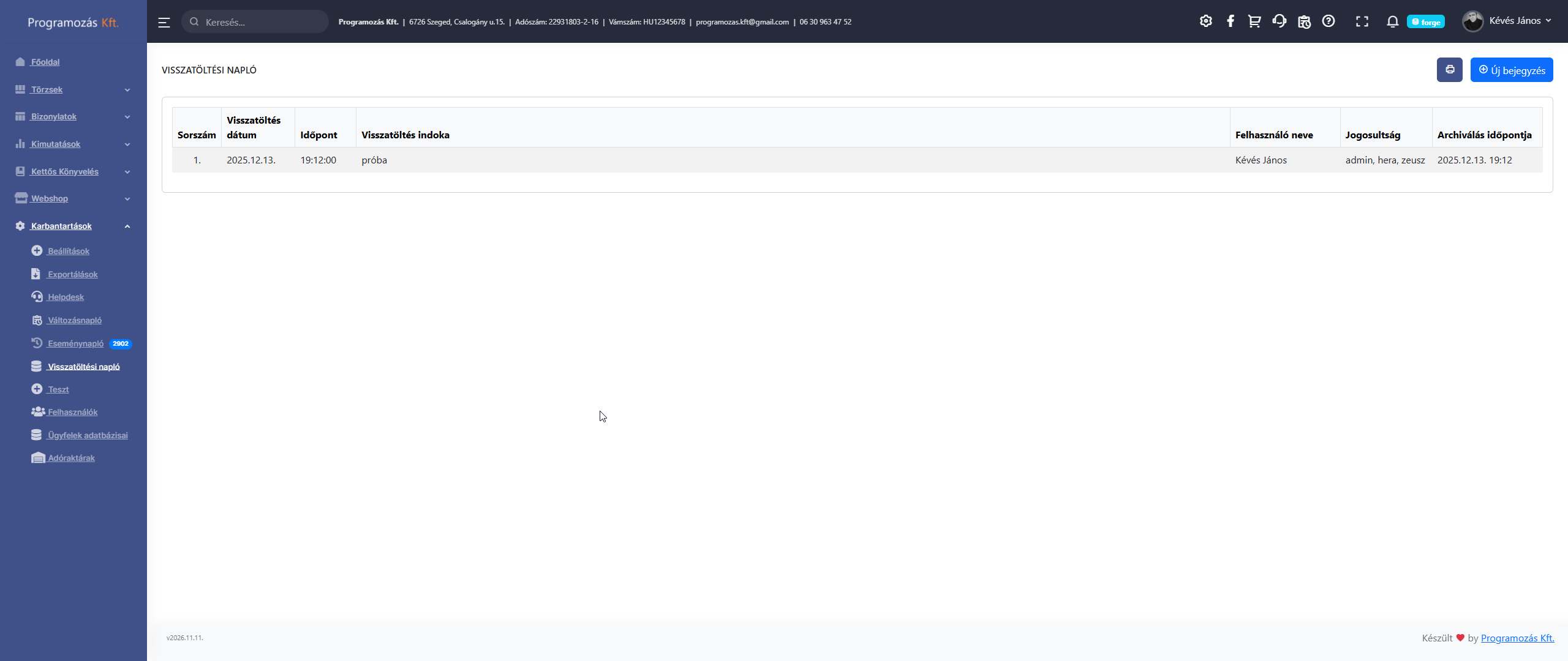 Visszatöltési napló lista