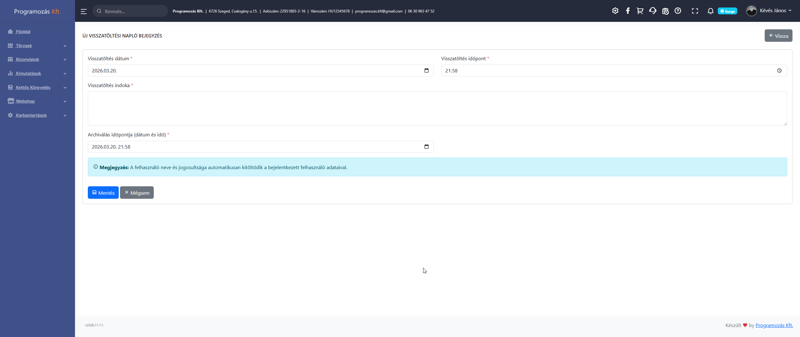 Új visszatöltési napló bejegyzés